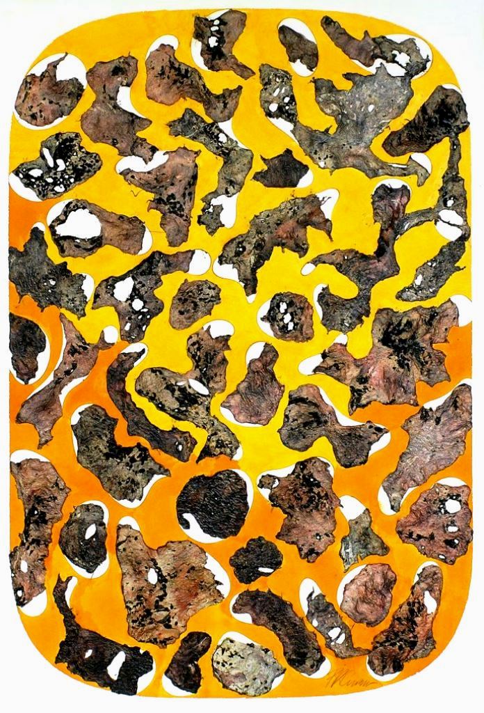 „Anschnitt-frühreif“ 1997, Haut, Kaliumpermanganat, Tinten, auf Papier, 100 x 70 cm