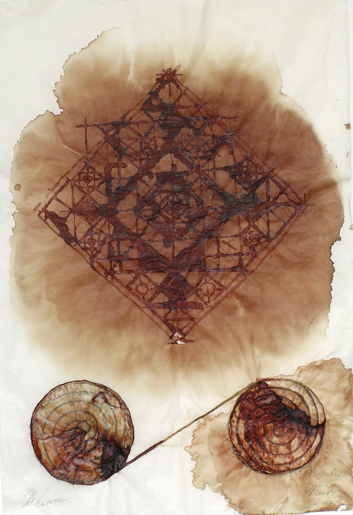 „Blut- wie Landebahnen“ 2004, Placentablut, Haut, Kohle, auf Chinapapier, 70 x 100 cm